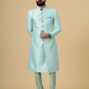 Regal Seafoam Banarasi Brocade Sherwani for Men | Father Son Combo | Perfect Groom Wear